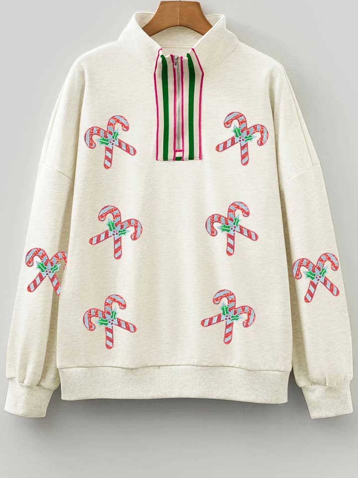 Light Grey Sequin Candy Canes Contrast Collar Patchwork Loose Sweatshirt for wholesale on Faire1