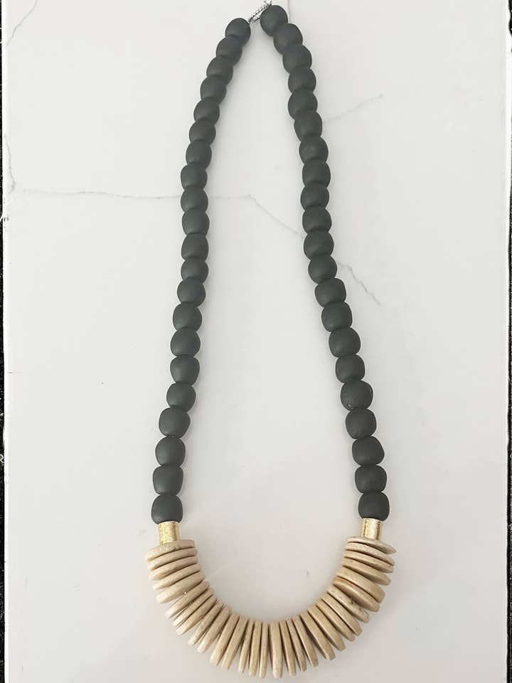 Short Wood Bead Necklace Coconut Black Recycled Glass for wholesale by GentrybyJenna