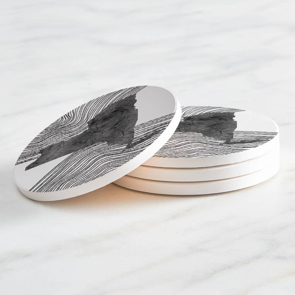 Love Local - Wholesale Coasters - Minimalistic B&W New York State With Fluid Lines | Absorbent Coasters | Set of 4 | Min 22