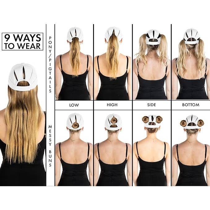 Funky Junque - Wholesale Ponytail cap – Women’s - 100% Polyester Sunshine Messy Bun High Ponytail Hat - White3