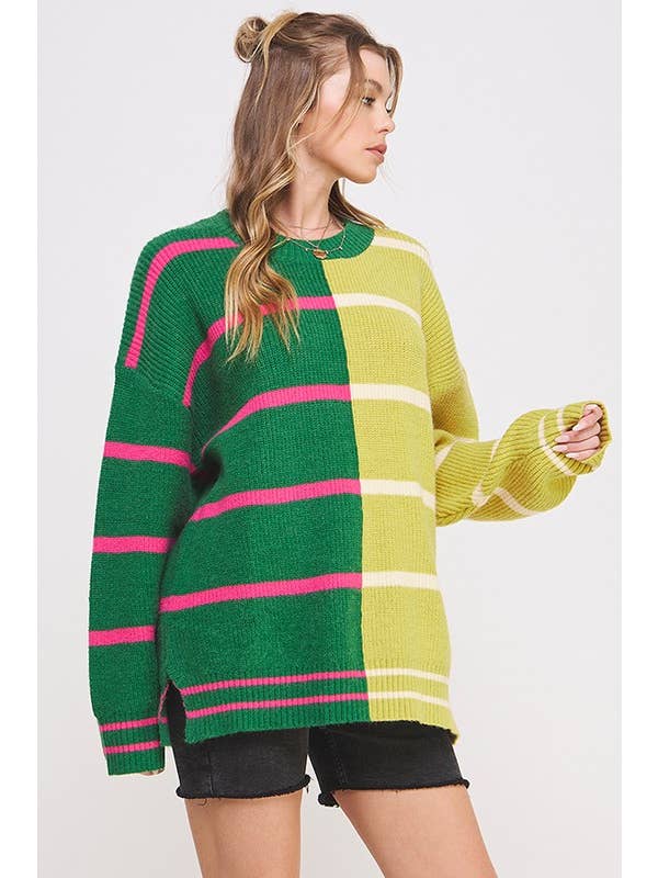 JADE BY JANE - Wholesale Tunic Sweater - Women's - LONG SLEEVE ROUND NECK STRIPED COLOR BLOCK SWEATER2