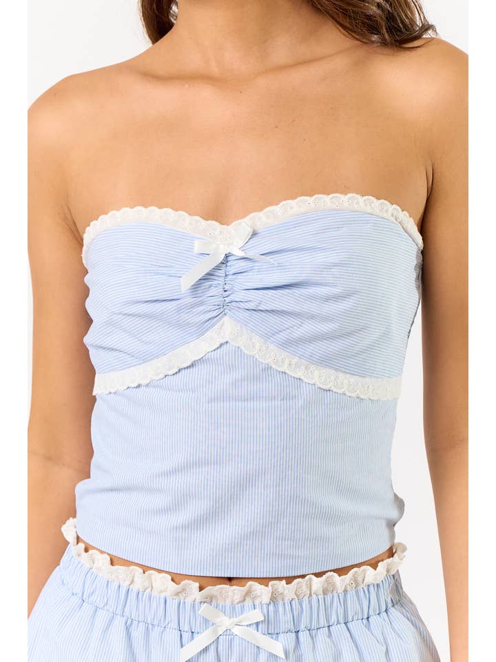 IBS32456 PIN STRIPE TUBE TOP W/ LACE TRIM WITH SHORTS for wholesale on Faire