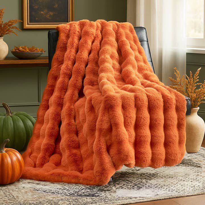 CB Faux Fur Bubble Throw Blankets, Orange for wholesale by DreamValley
