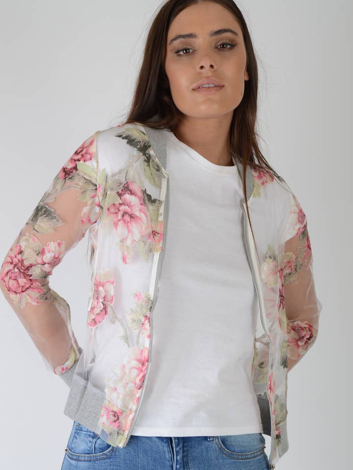Bomber Lovemystyle in rete bianca con fiori rosa per la vendita all'ingrosso da parte di LoveMyStyle