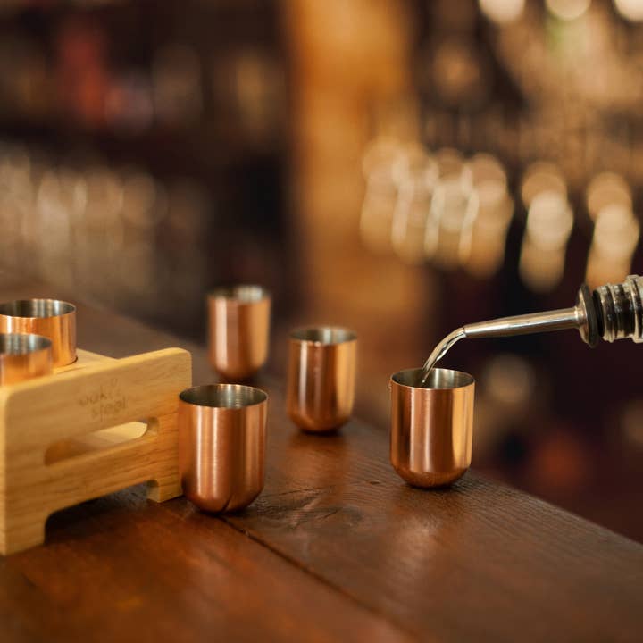 Oak & Steel - Wholesale Shot glass - 6 Rose Gold Stainless Steel Shot Glasses With Holder Tray7