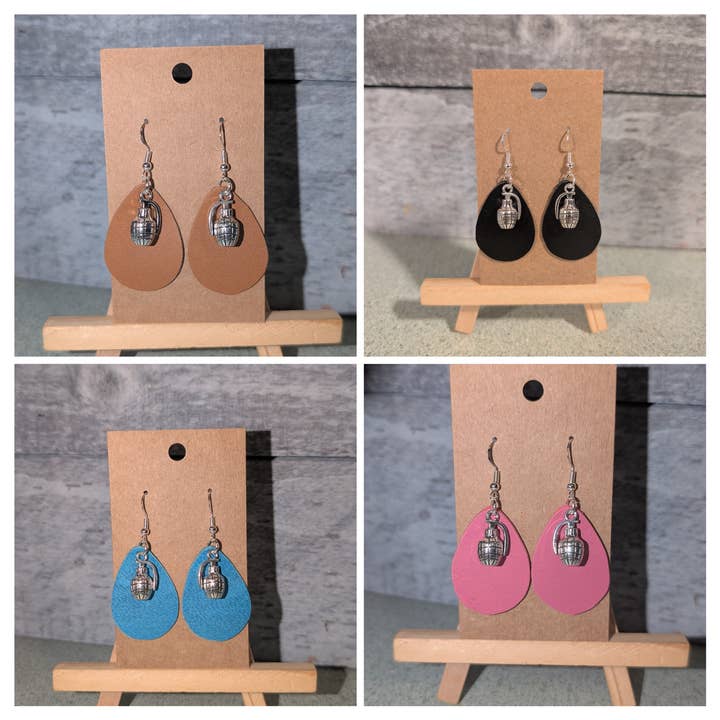 Hand Grenade Charm Leather Earrings for wholesale by Tiger Mountain Leatherworks