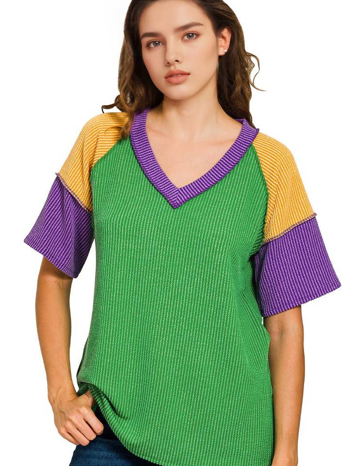 .1017 Mardi Gras Raised Rib Color Block Top SI-28852 for wholesale by 42POPS