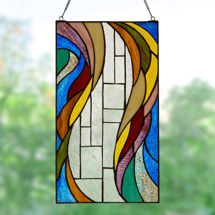 18"H Multicolor Flowing Border Stained Glass Window Panel for wholesale by River of Goods