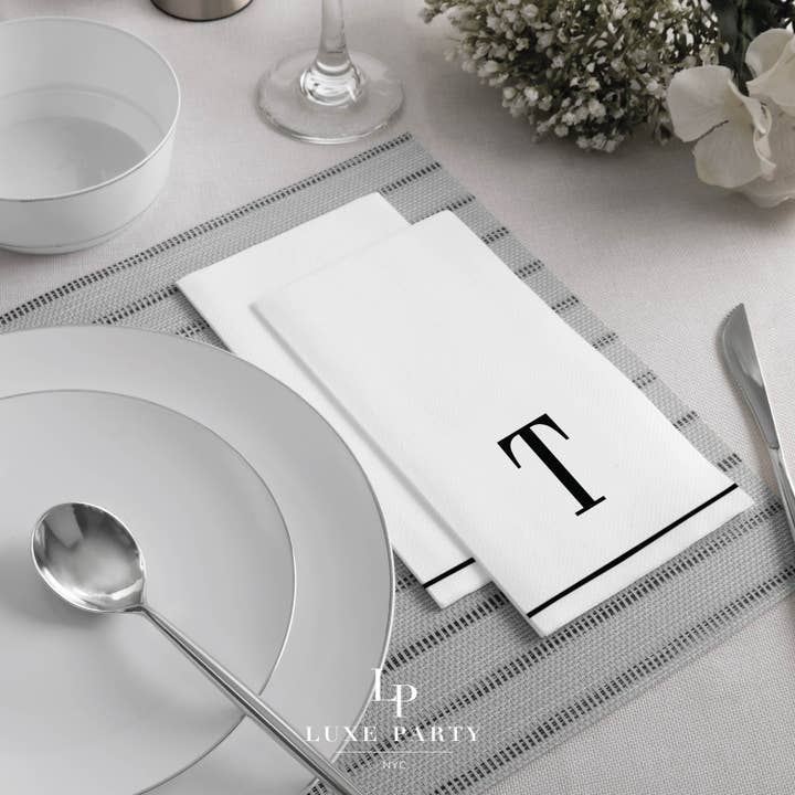 T Black Monogram Paper Dinner Napkins | 14 Napkins for wholesale by Luxe Party