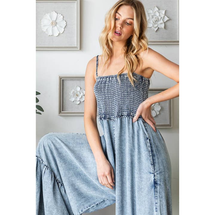 DENIM WASHED SMOCKED DETAIL RUFFLE WIDE LEG JUMPSUIT for wholesale on Faire