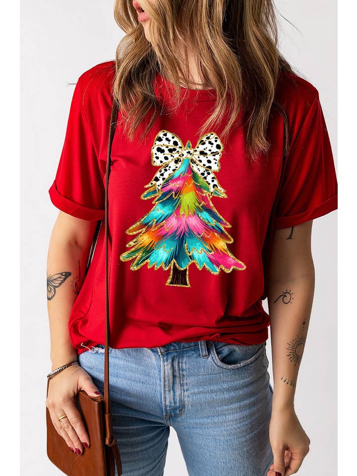 Red LDC Bow Decor Christmas Tree Graphic Holiday T Shirt for wholesale on Faire