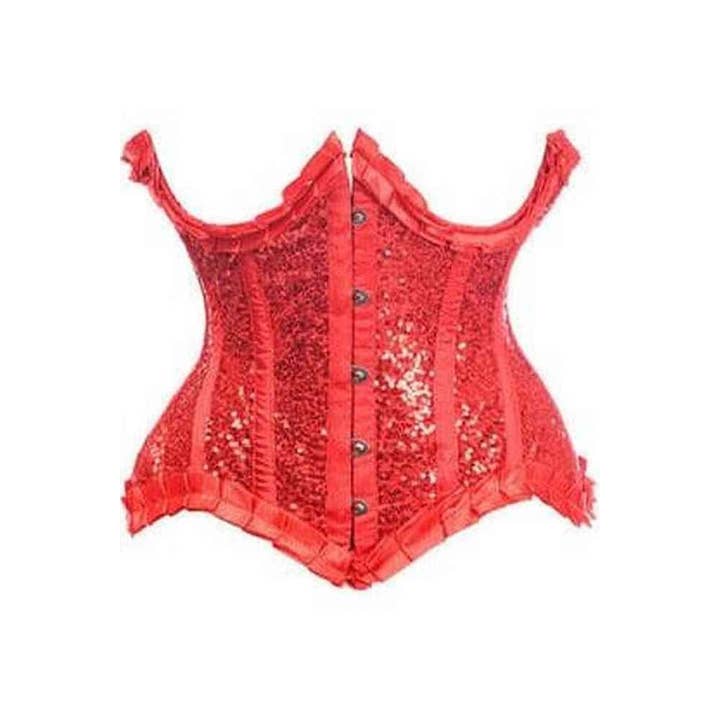 Korsett mit Korsett aus Satin und Pailletten in der obersten Schublade, geschwungener Schnitt, aus Stahl, entbeinter Taillenbund, Rot für den Großhandel von Daisy Corsets