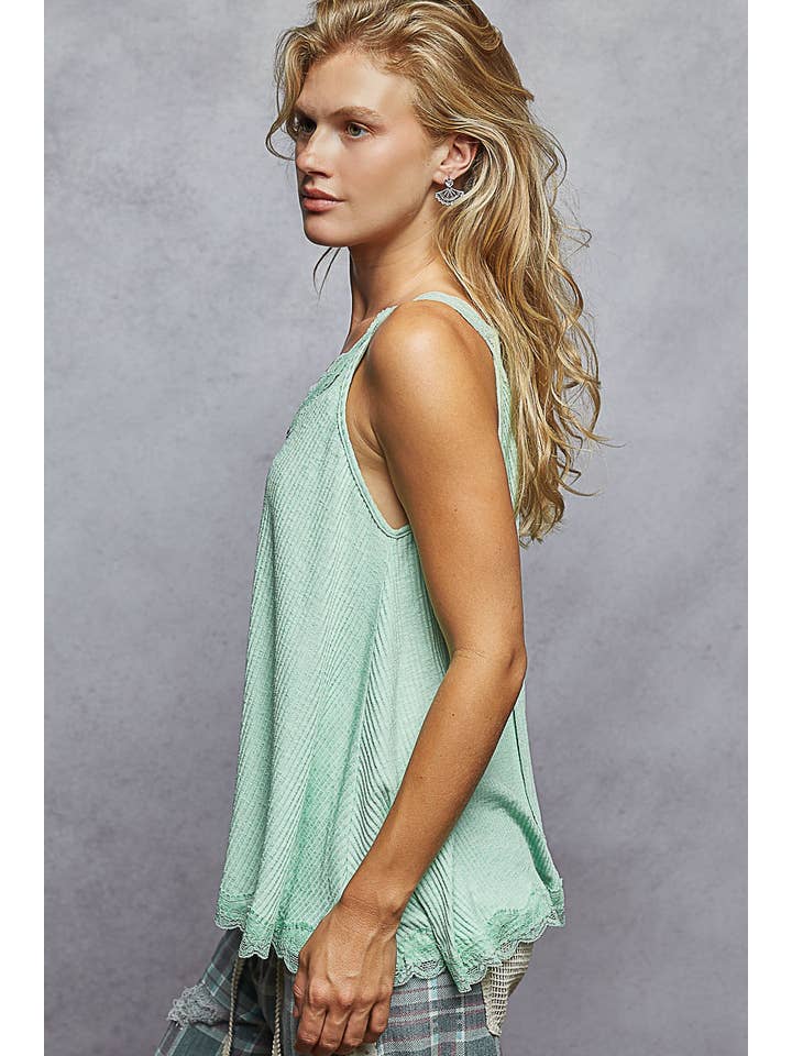 Pol Clothing - Wholesale Tank Top - Women's - V-neck Sleevleess Lace Trim Solid Tank Top SALE30