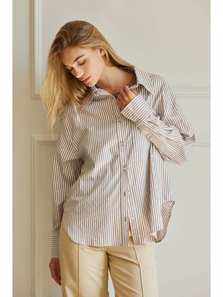BEIGE CT8435-1 - Isra Striped Button Up Shirt for wholesale on Faire