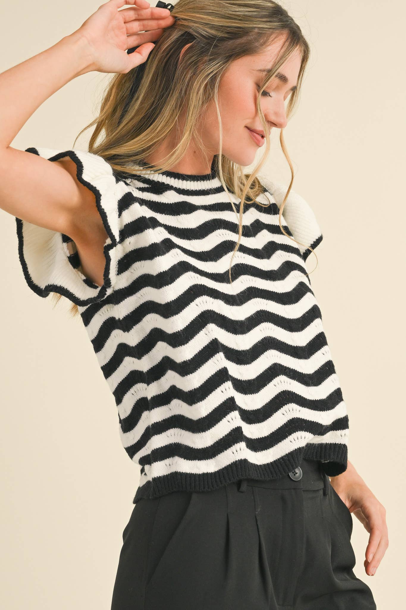 &MERCI - Wholesale Knit Sweater - Women's - WAVY STRIPES FLUTTER SLEEVE SWEATER TOP MSW105094