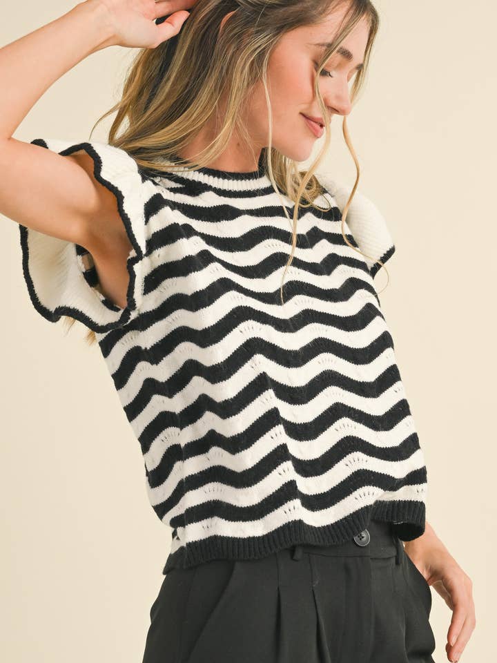 &MERCI - Wholesale Knit Sweater - Women's - WAVY STRIPES FLUTTER SLEEVE SWEATER TOP MSW105094