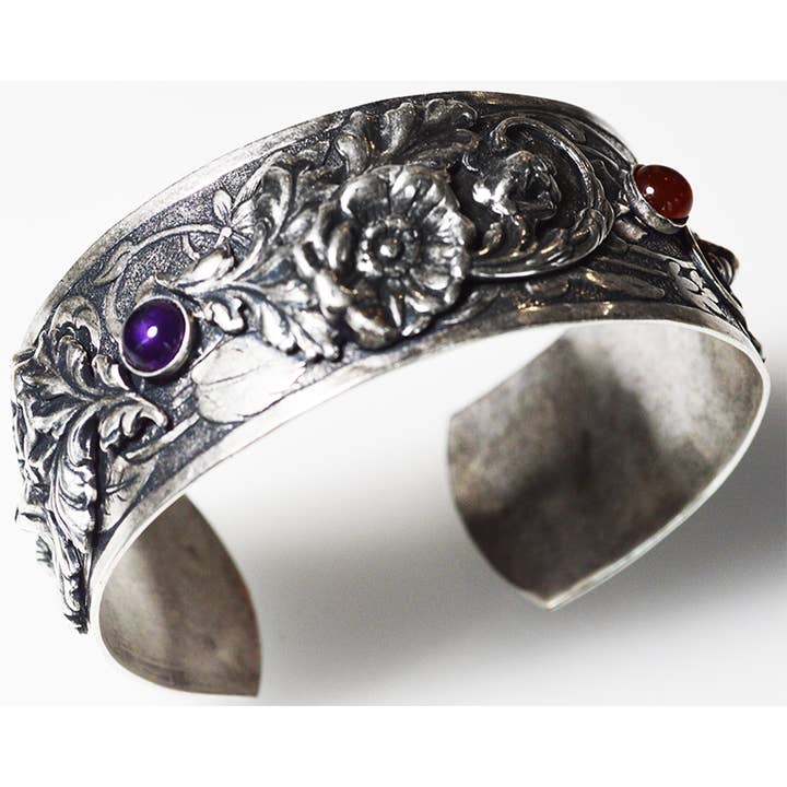 Antique Silver Plated Brass Floral Poppy Cuff for wholesale by Elaine Coyne Galleries