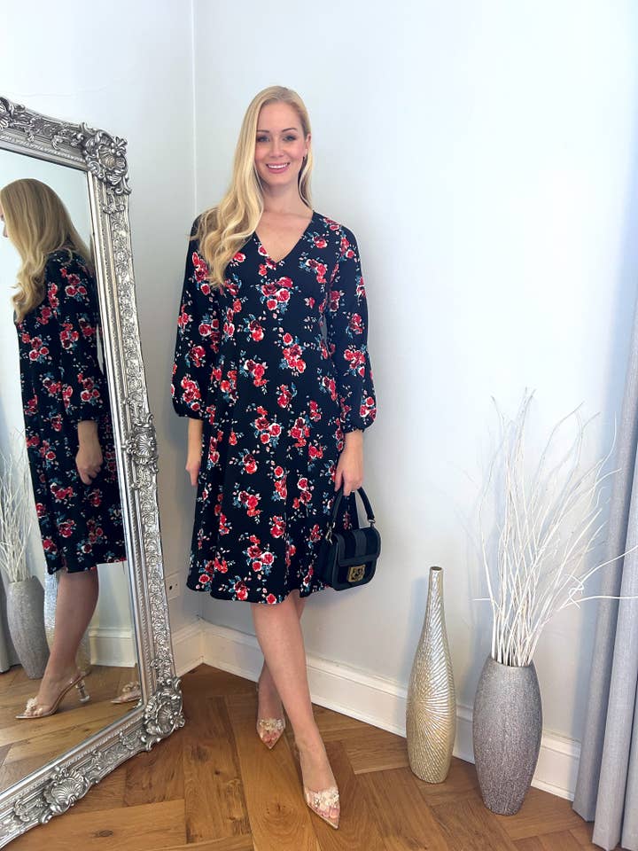 Red Floral Flared Hem Dress for wholesale by Marina Kaneva