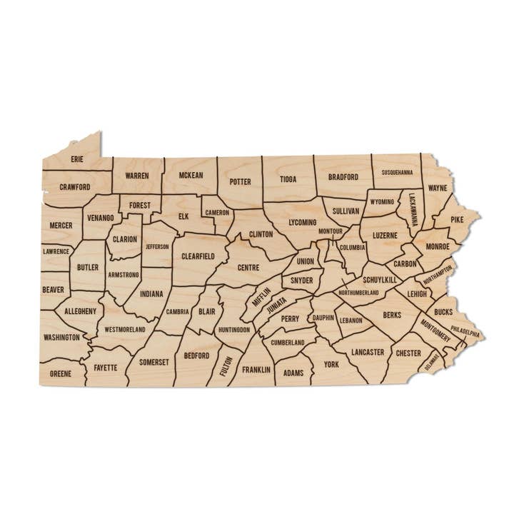 Pennsylvania County Map Wall Hanging - Crafted from Cherry or Maple Wood for wholesale by LazerEdge