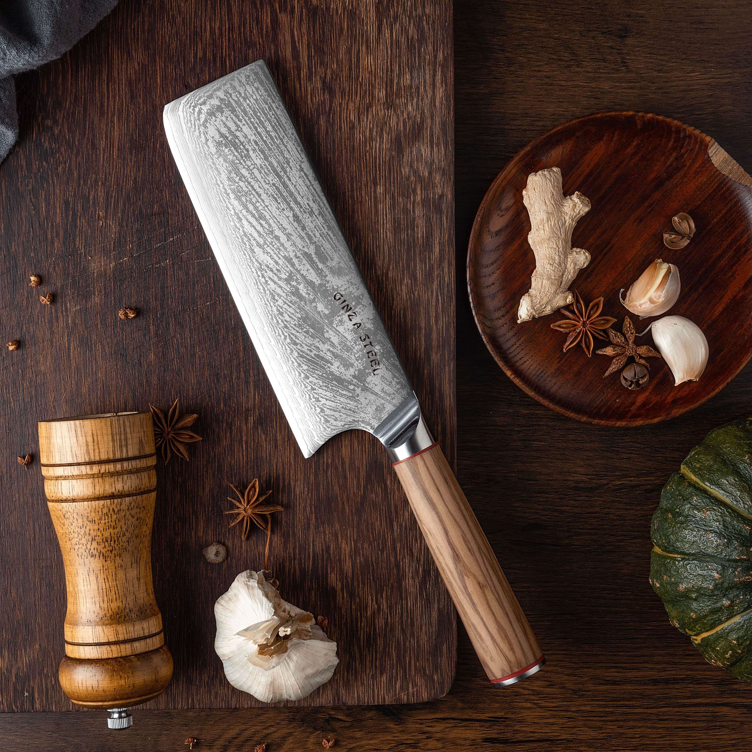 Ginza Steel - Wholesale Kitchen/Utility Knife - MIA X | Cleaver Knife 7" Damascus AUS10 Steel 67 Layer / Olive Wood handle3