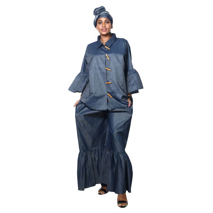 Women's Button Down Top and Palazzo Pants Set -- FI-4051 Denim for wholesale by African Stars