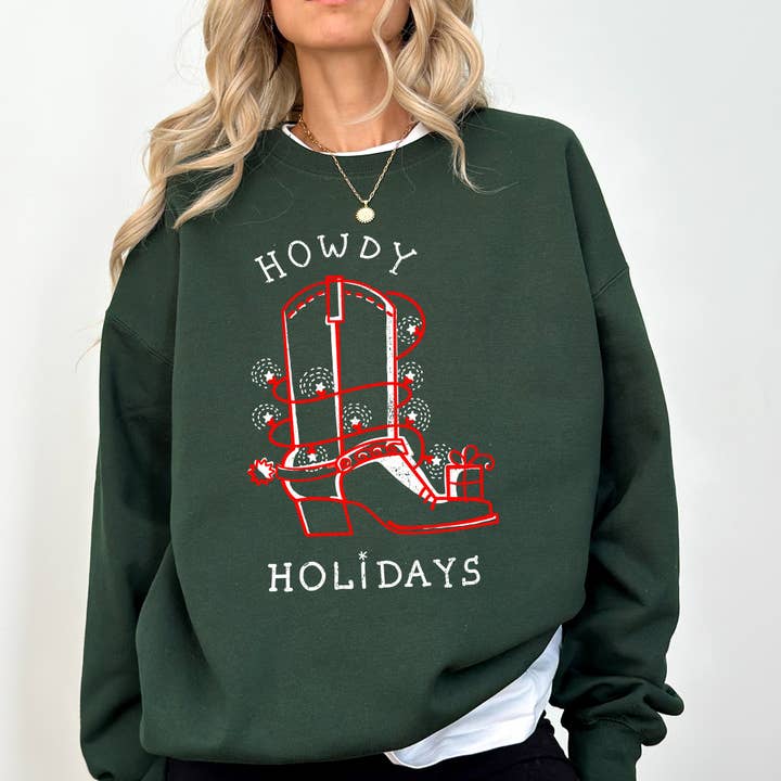 Howdy Holidays, Christmas, Cowboy Boot, Country Sweatshirt for wholesale by Refinery Number One LLC