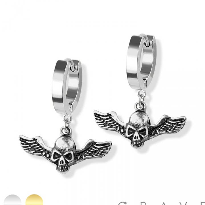 PAIR OF 316L SS HUGGIE/HOOP EARRINGS WITH SKULL WING DANGLE for wholesale by CRAVE