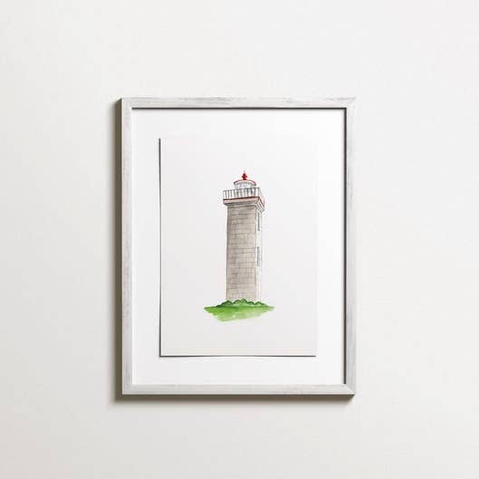 Impression d'art aquarelle du phare de Watch Hill, Rhode Island pour la vente par Lexi Mayde