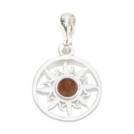 Pendentif soleil ambre cognac, argent 925, diamètre 1,5+1 cm pour la vente par OPALOOK France