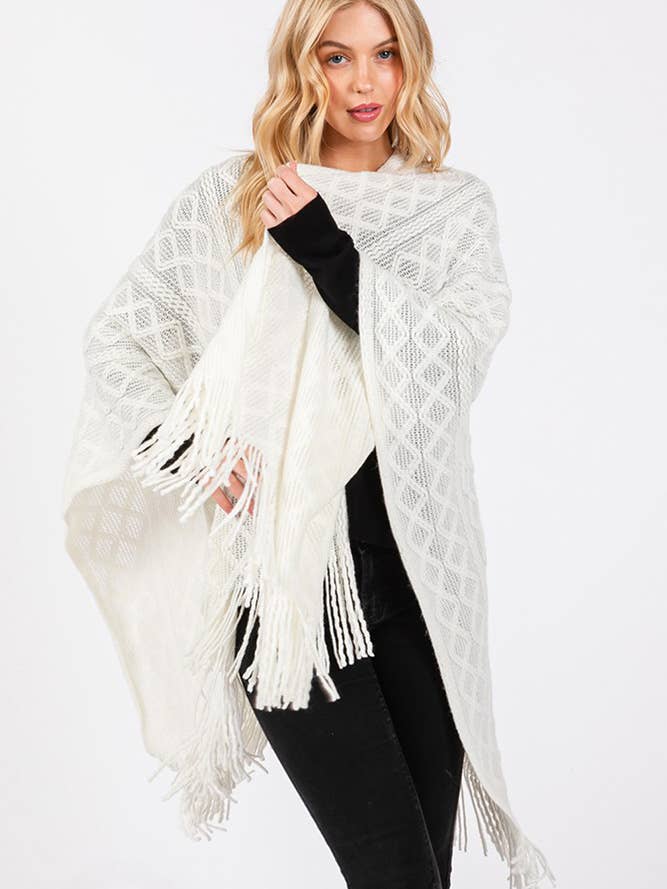 Hana – wholesale Cardigan – Women’s – Diamond Pattern Tassel Knit Ruana Winter Cardigan14
