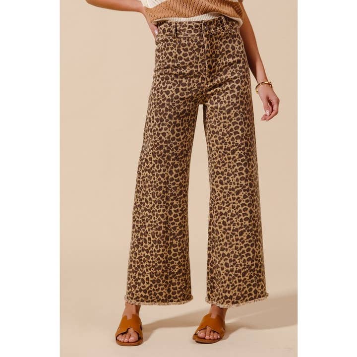 MID RISE LEOPARD DENIM FRAYED HEM WIDE LEG PANT for wholesale on Faire