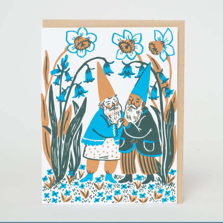 Hugging Bluebells Gnomes Letterpress Card by Phoebe Wahl for wholesale by Egg Press Manufacturing
