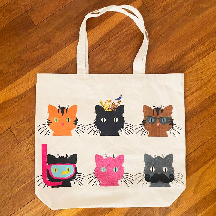 Lot de 6 sacs fourre-tout en toile de coton PJ Kitty Cats Beach Market pour la vente par katzpajamas