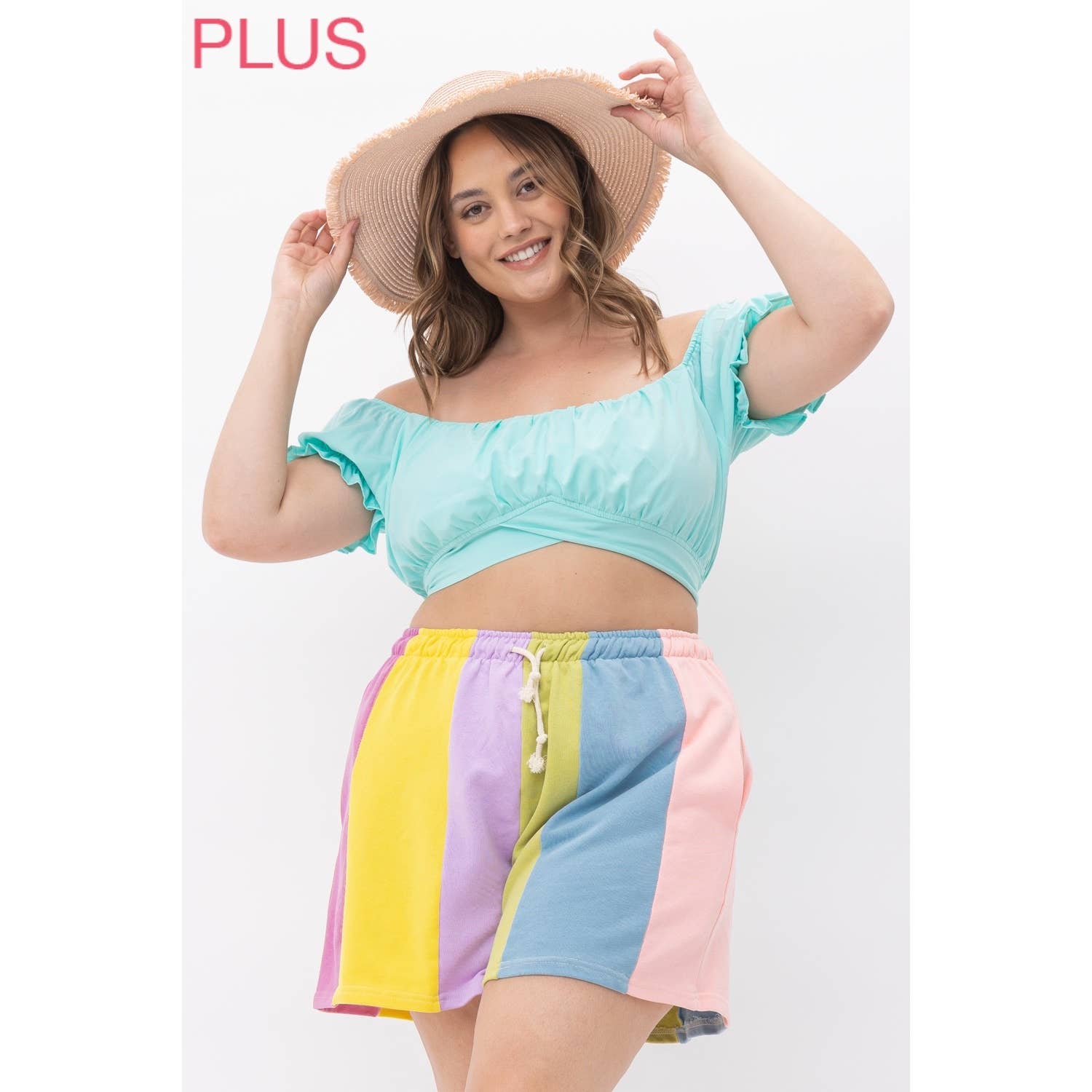 PLUS RAINBOW COLOR BLOCK STRIPE SHORTS WITH TIE for wholesale on Faire2