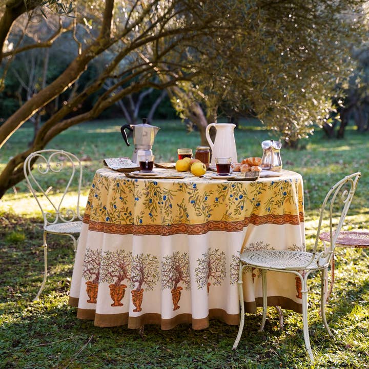 Couleur Nature - Wholesale Tablecloth - Olive Tree Khaki & Blue | French Tablecloths