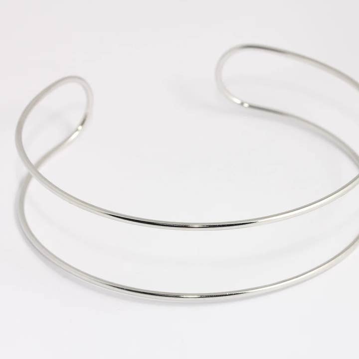 110mm Rhodium Plated Double Wire Choker Necklace, CHK730-2 for wholesale by QueenJewelryM