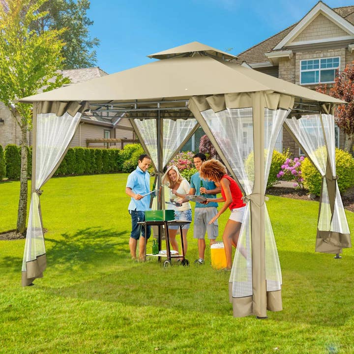 10'X10' Outdoor Gazebo Canopy, Canopy Tent with Mosquito Netting,Screened Gazebo with Corner Shelf Stable Steel Frame Double Roof Tops, Shade Tent for Party, Backyard, Patio Lawn, Garden,Khaki and other Purchase Wholesale 10x10 canopy tent. Free Returns & Net 60 Terms on Faire trending on Faire.