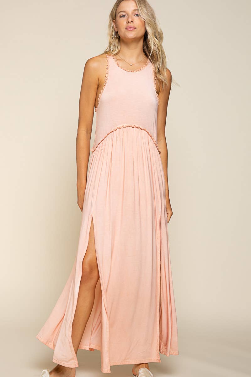 Pol Clothing - Wholesale Dress - Women's - Sleeveless racerback back zipper front slit knit maxi dress21