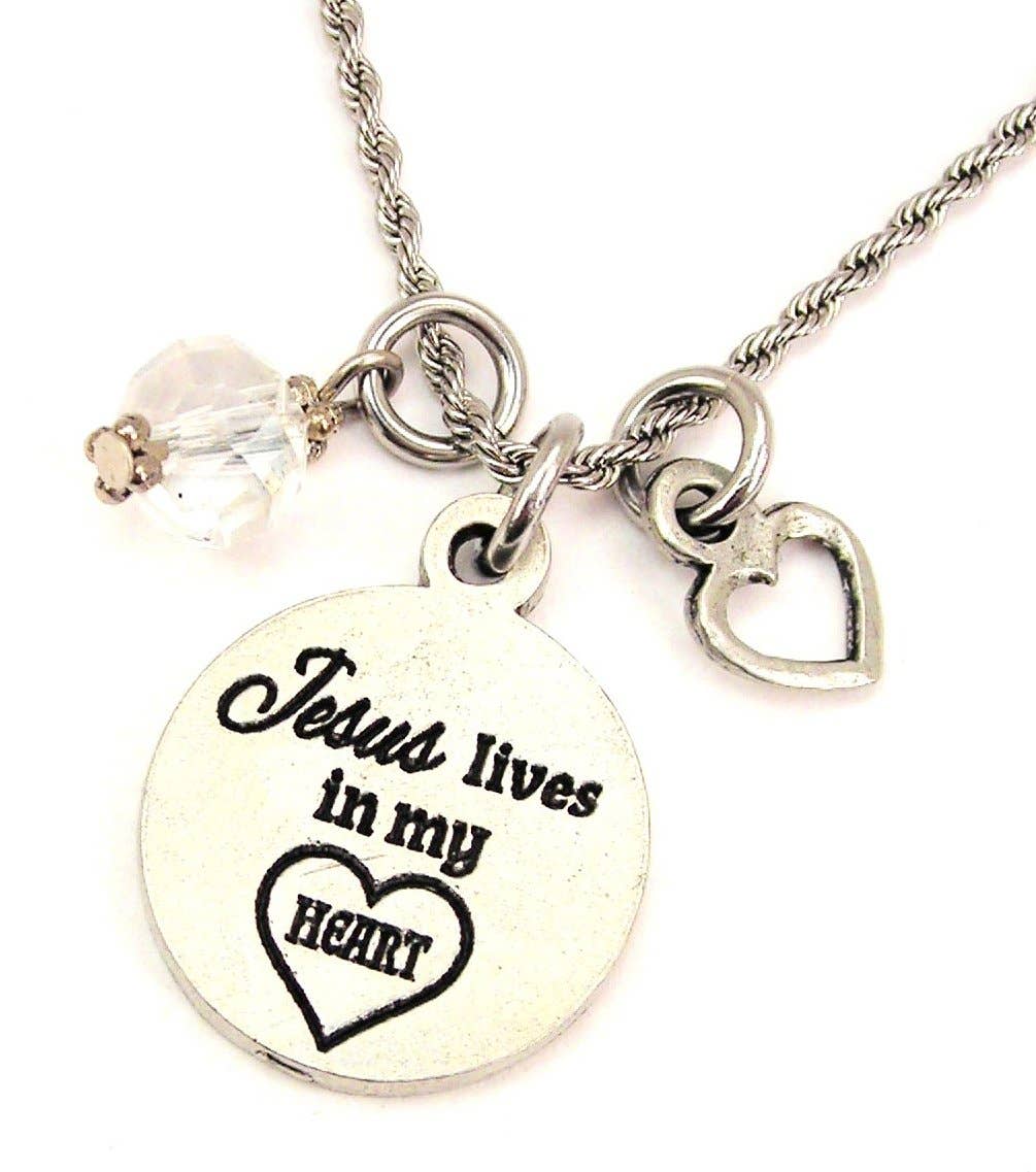 Chubby Chico Charms - Wholesale Pendant/Charm Necklace - Jesus Lives In My Heart Chain Necklace With Crystal Accent0