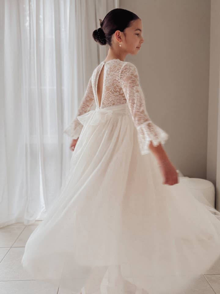 Melody Long Sleeve Girls Ivory Dress for wholesale by A Little Lacey