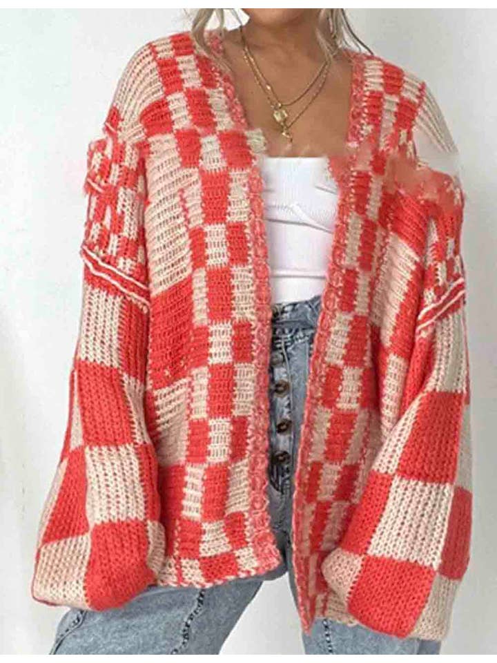 Sweetkama - Wholesale Cardigan - Women's - Ladies Color Block Checked Long Sleeves Sweater Cardigan4