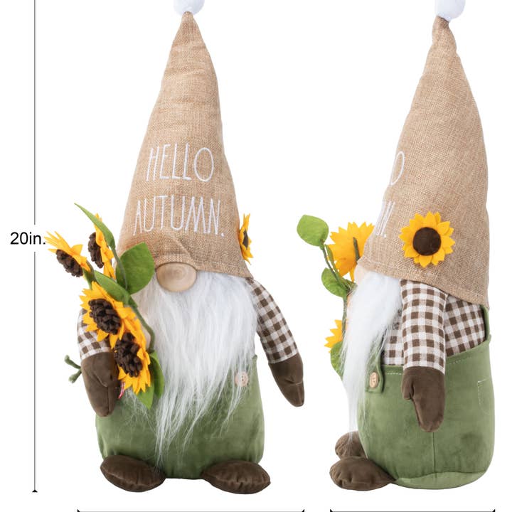 DesignStyles Home - Wholesale Decorative Tabletop Object - Rae Dunn “Hello Autumn” Fall Plush Gnome with Sunflowers