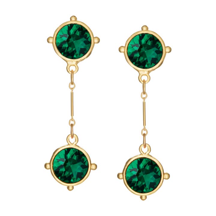 Double Emerald Round Crystal Drop Earrings for wholesale by Susan Shaw