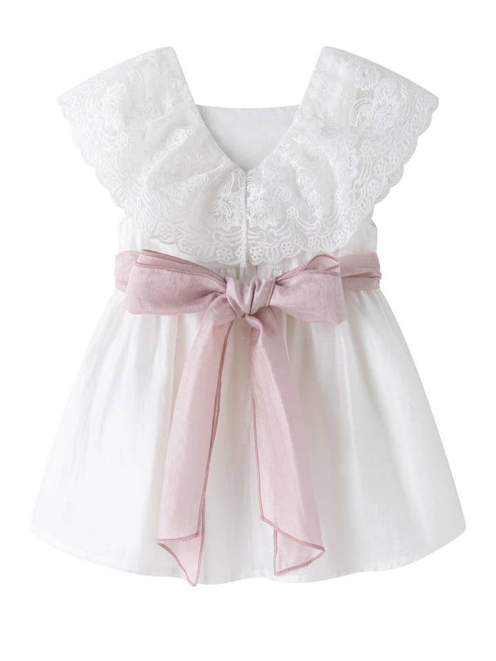 Robe de cérémonie bébé 12-24m blanc soie nœud rose BGV16512 pour la vente par Newness Kids