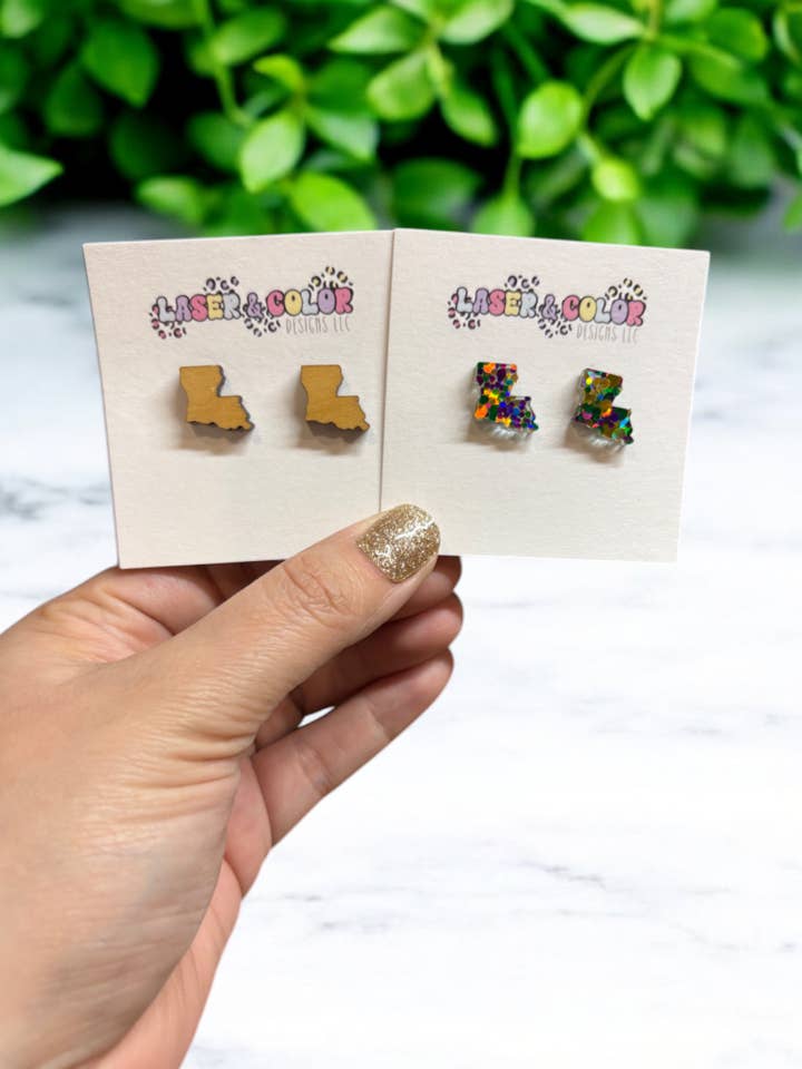 Mardi Gras Earrings, Louisiana State Earrings for wholesale by Laser & Color Designs LLC