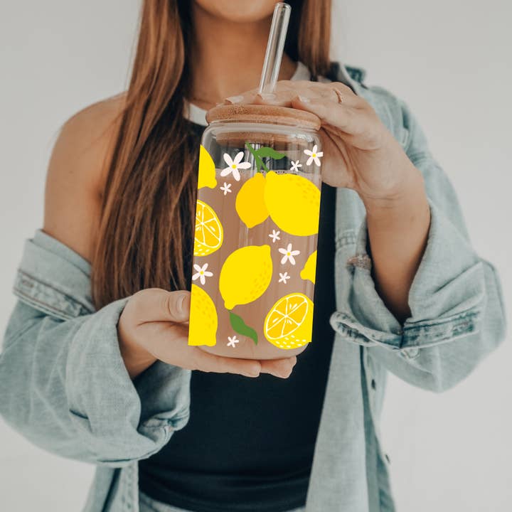 Lemon | UVDTF | 20 oz Libbey Can Glass with Bamboo Lid & Straw for wholesale by SKS Design Studio