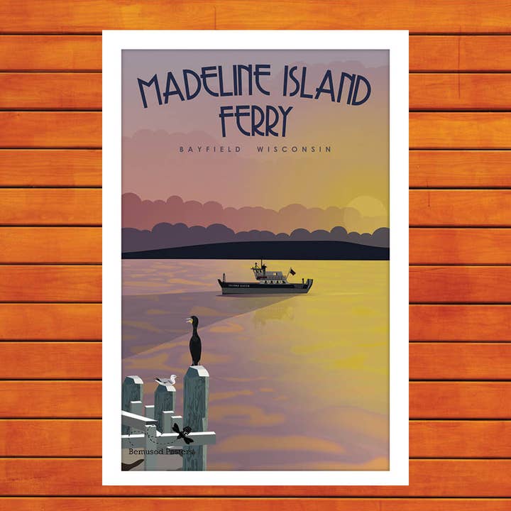 Madeline Island Summer Ferry Retro Travel Poster Prints for wholesale by Bemused Creative
