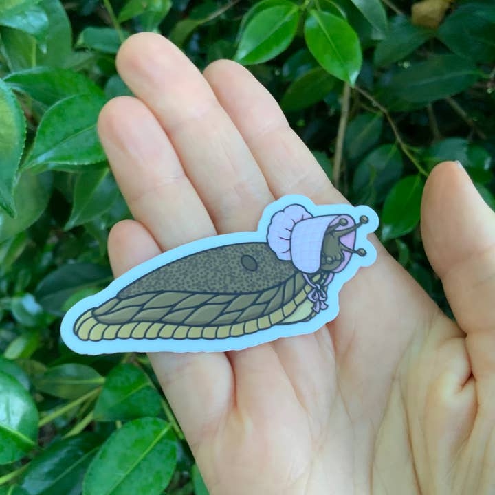 Sticker - Pretty Slug with a Pink Bonnet vinyl 3” sticker for wholesale by Thruhalia's Art