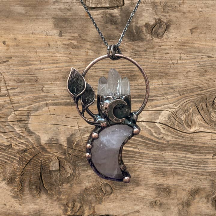 Antique Bronze Moon Pendant Necklace with Clear Quartz, Amethyst, and Rose Quartz – Spiritual Healing Jewelry for wholesale by Light Breeze Candle Co.