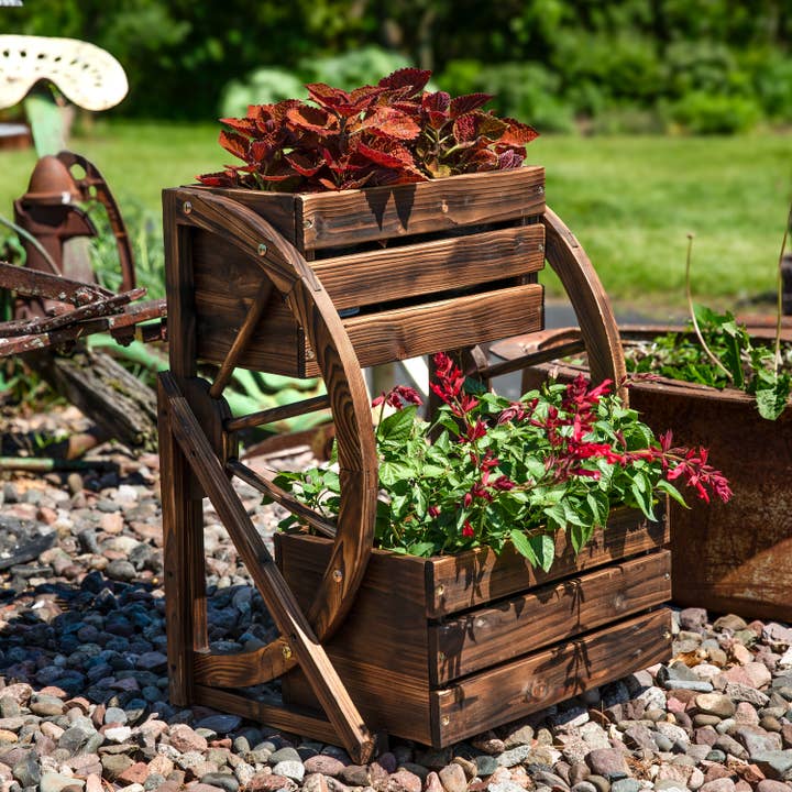 2-Tier Fir Wood Wagon Wheel Planter - Charred Fir for wholesale by Sunnydaze Decor